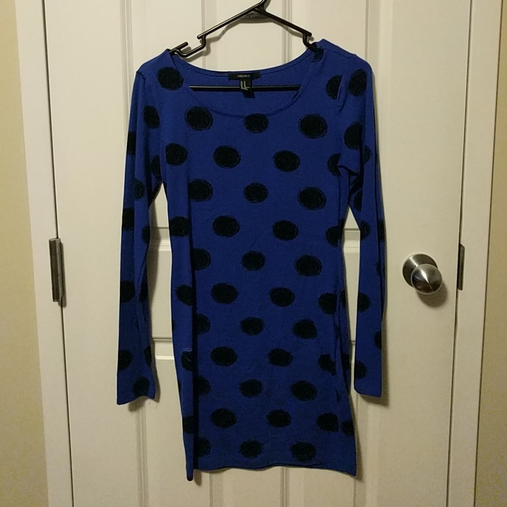 Long sleeved blue and black polka dot dress